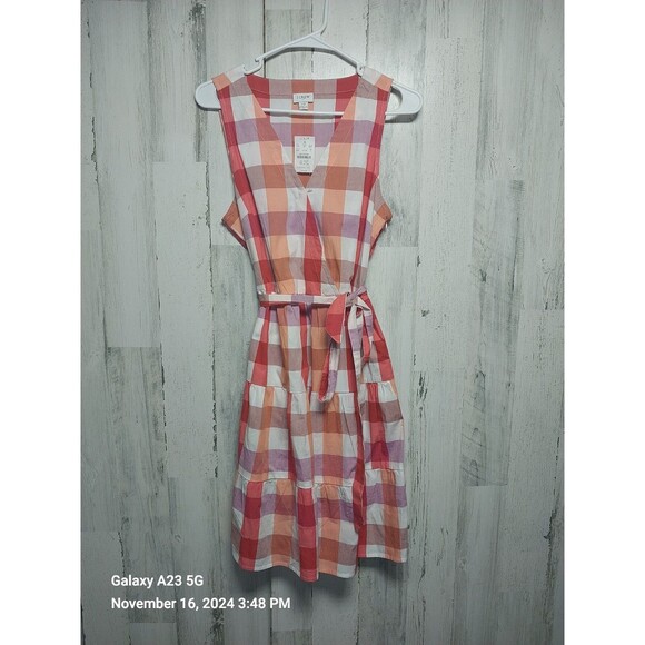 Nwt J. Crew Factory Plaid Faux Wrap Dress Size 10 Women Orange Purple Pockets - Picture 1 of 7